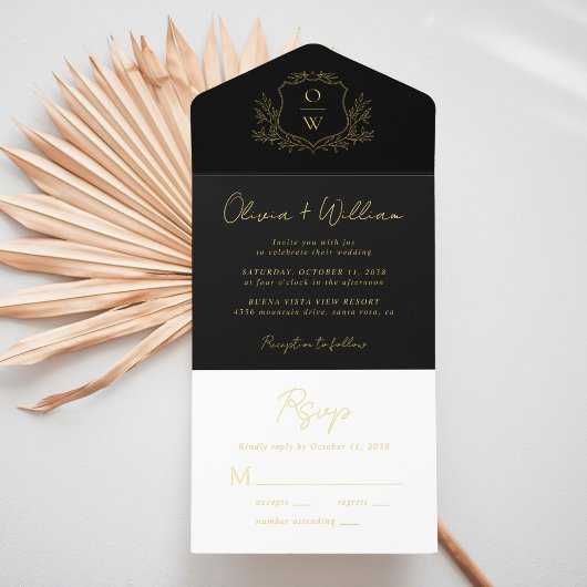Tout En Un Invitation Élégant Crest Monogramme Mariage noir