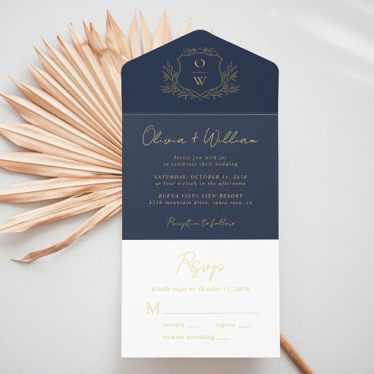 Tout En Un Invitation Élégant Crest Monogramme Script Mariage bleu
