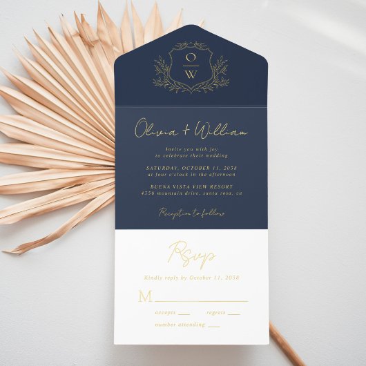 Tout En Un Invitation Élégant Crest Monogramme Script Mariage bleu