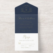 Tout En Un Invitation Élégant Crest Monogramme Script Mariage bleu (Intérieur)