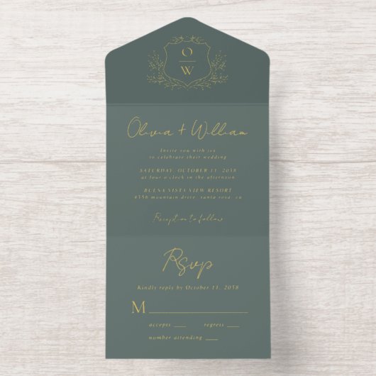 Tout En Un Invitation Élégant Crest Monogramme Script Sage Mariage (Intérieur)