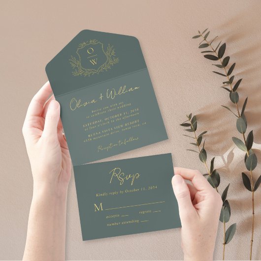 Tout En Un Invitation Élégant Crest Monogramme Script Sage Mariage