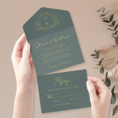 Tout En Un Invitation Élégant Crest Monogramme Script Sage Mariage