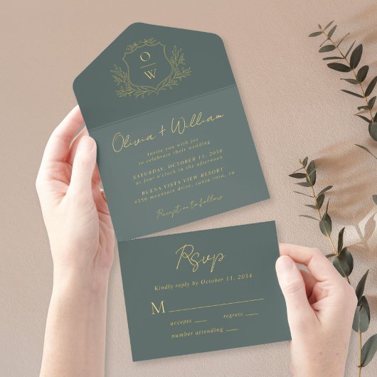 Tout En Un Invitation Élégant Crest Monogramme Script Sage Mariage