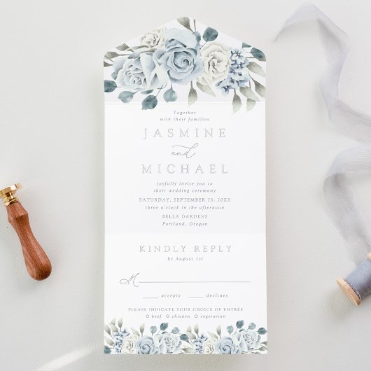 Tout En Un Invitation Elegant Dusty Blue Floral Foil Wedding