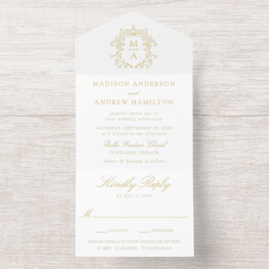Tout En Un Invitation Elégant Gold Foil Crest Chinoiserie Mariage (Intérieur)