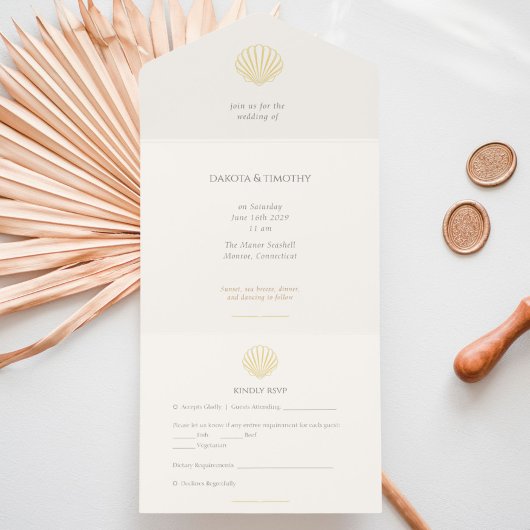 Tout En Un Invitation Elegant Gold foil Seashell Wedding 