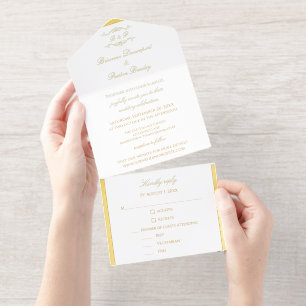 Tout En Un Invitation Élégant Mariage Monogramme en Calligraphie Dorée