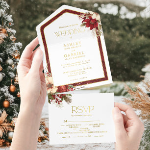 Tout En Un Invitation Élégant Noël Rouge Damas Floral