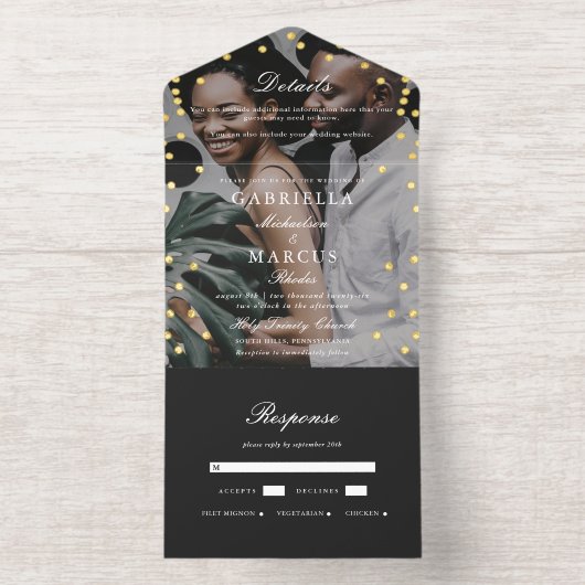 Tout En Un Invitation Elégant Noir Confetti Dots Mariage photo (Intérieur)