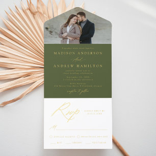 Tout En Un Invitation Élégant Olive Green Gold Mariage de calligraphie