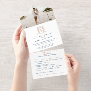 Tout En Un Invitation Élégant papier alu bleu et rose gold avec monogram