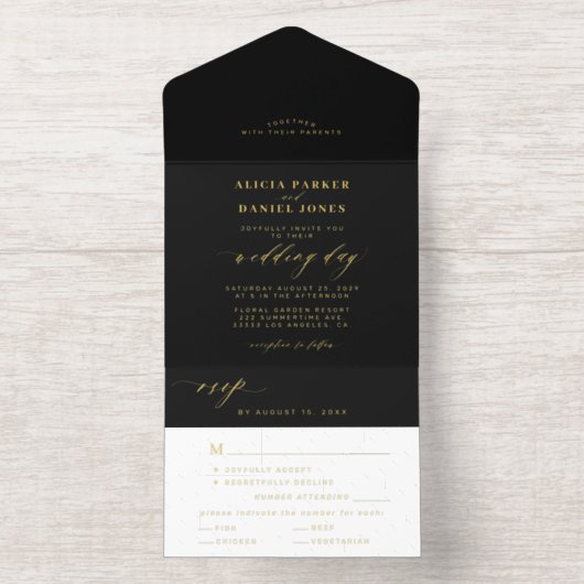 Tout En Un Invitation Élégant papier mariage noir or (Intérieur)