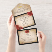 Élégant Parchemin Rose Rouge Mariage Feuille d'Or 
