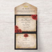 Tout En Un Invitation Elegant Parchment Red Rose Wedding Real Gold Foil (Intérieur)