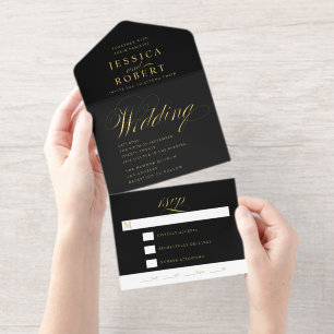 Tout En Un Invitation Élégant script noir Calligraphie Mariage Foil