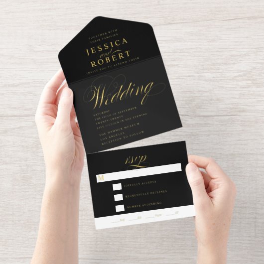 Tout En Un Invitation Élégant script noir Calligraphie Mariage Foil (Détachable)