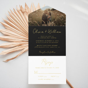 Tout En Un Invitation Élégant script photo Mariage noir
