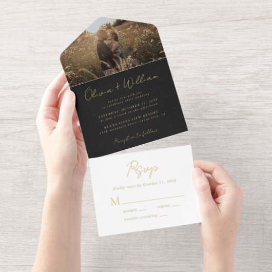 Tout En Un Invitation Élégant script photo Mariage noir (Détachable)