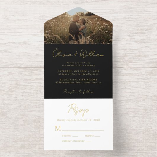 Tout En Un Invitation Élégant script photo Mariage noir (Intérieur)