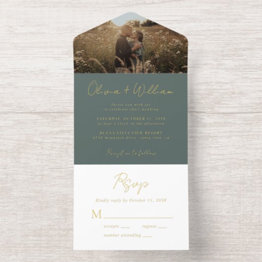 Tout En Un Invitation Élégant Script Photo Sage Mariage vert (Intérieur)