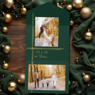 Tout En Un Invitation Élégant Vert/Or Moderne Déco Design Photo