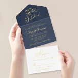Tout En Un Invitation Elégante 50 Et Fabulous Blue 50th Birthday Party<br><div class="desc">Élégante soirée tout-en-un bleu marine 50e anniversaire avec l'invitation "50 & Fabulous" et votre nom présenté dans des scripts de calligraphie chic, les détails de votre fête en lettres simples, et une carte postale RSVP déchirante blanche pour une réponse facile sans enveloppe de vos invités. Tout le texte à l'intérieur...</div>