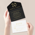 Tout En Un Invitation Élégante Black 70th Birthday Party<br><div class="desc">Élégante invitation tout-en-un de 70e anniversaire noir qui comprend "Cheers to 70 Years",  votre nom,  les détails de l'invitation et une carte postale de réponse RSVP blanc déchiré écrit en typographie serif classique et lettrage moderne propre,  le tout rendu dans votre choix d'or,  argent ou feuille d'or rose.</div>