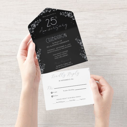 Tout En Un Invitation Élégante branche botanique Real Foil 25e anniversa (Détachable)