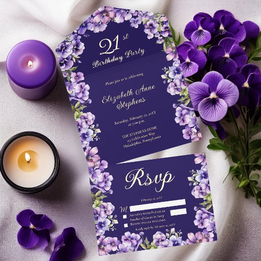 Tout En Un Invitation Élégante Violette violette Florale 21e fête d'anni