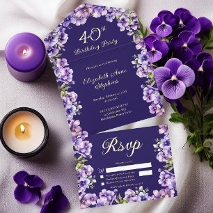 Tout En Un Invitation Élégante Violette violette Florale 40e fête d'anni