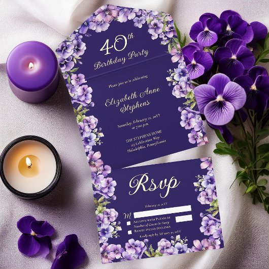 Tout En Un Invitation Élégante Violette violette Florale 40e fête d'anni