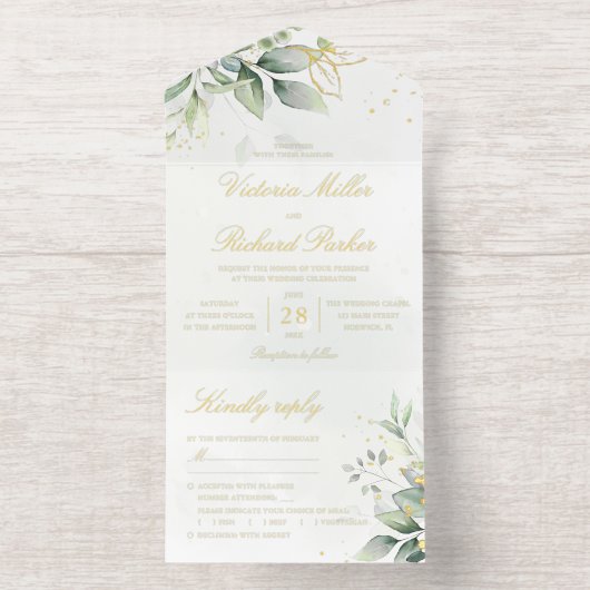 Tout En Un Invitation Eucalyptus Greenery Gold Leaves Botanical Wedding (Intérieur)