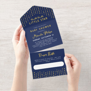 Tout En Un Invitation Fête de Bébé Diaper Raffle Navy Or Petite Étoile