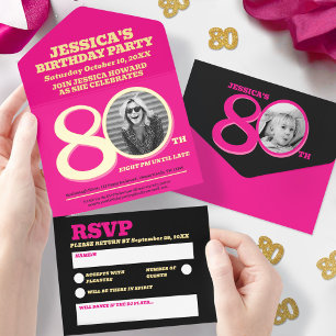 Tout En Un Invitation Feuil rose moderne deux photos 80e anniversaire