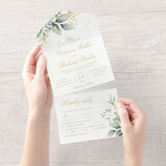 Tout En Un Invitation Feuilles d'or de verdure d'eucalyptus Mariage bota (Détachable)