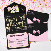Tout En Un Invitation Fille Noir Rose Gold Bow 21 fête d'anniversaire