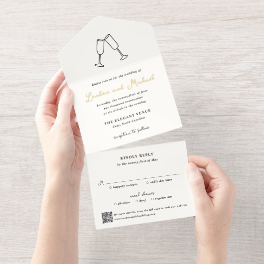 Tout En Un Invitation Flûtes à main Doodle QR Code Mariage moderne (Détachable)