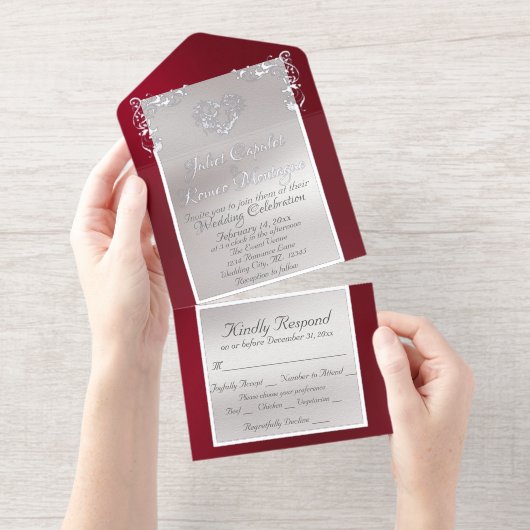 Tout En Un Invitation Foil Ornate Frame & Heart - Red (Détachable)