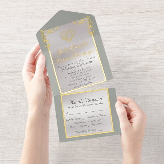 Tout En Un Invitation Foil Ornate Frame & Heart - Sage (Détachable)