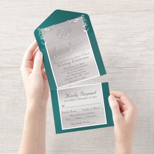 Tout En Un Invitation Foil Ornate Frame & Heart - Teal (Détachable)