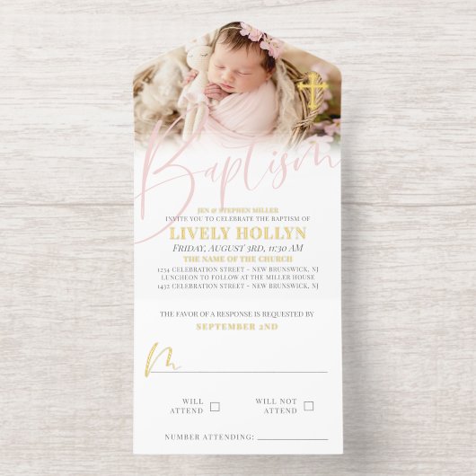 Tout En Un Invitation Gold Cross Pale Pink Script Photo Baptism Foil (Intérieur)