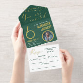 Tout En Un Invitation Green Gold String Lumières Photo Milestone Anniver (Détachable)