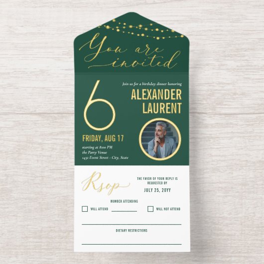 Tout En Un Invitation Green Gold String Lumières Photo Milestone Anniver (Intérieur)