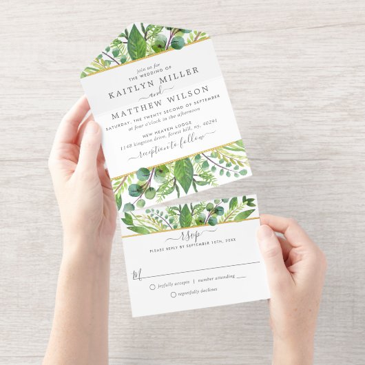 Tout En Un Invitation La Collection Mariage Verdure & Or (Détachable)
