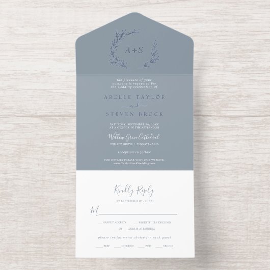 Tout En Un Invitation Mariage Boho moderne à feutre bleu minimum (Intérieur)