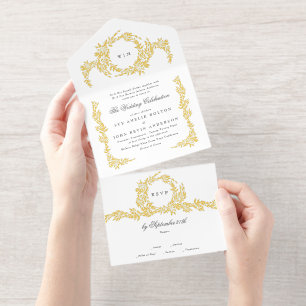 Tout En Un Invitation Mariage de couronnes classiques en or noir blanc