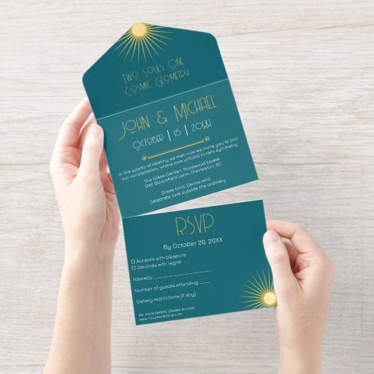 Tout En Un Invitation Mariage de géométrie cosmique Emerald Gold Starbur (Détachable)