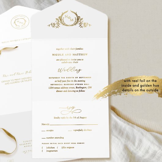 Tout En Un Invitation Mariage de monogramme élégant à l'huile d'or