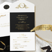 Tout En Un Invitation Mariage de monogramme élégant Black and Real Gold